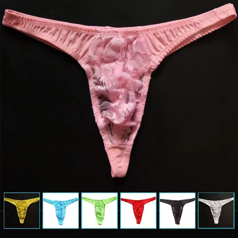 Lace Ice Silk Stitching Sexy Thong - Fashion Men's Panties