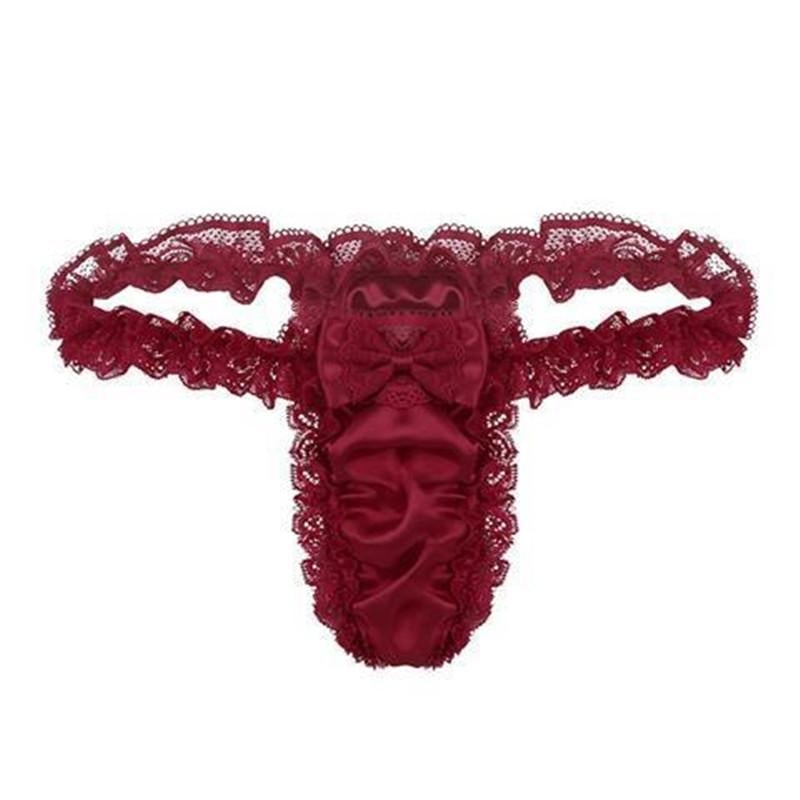 Men Ruffle Frilly Satin Panties Bowknot G Strings Thongs